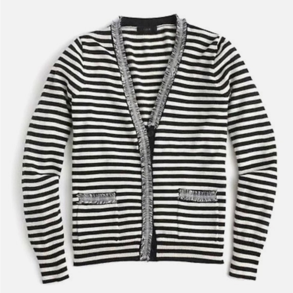 J. Crew Harlow Wool Cardigan Sweater Womens Size XXS Striped Fringe VNeck stripe